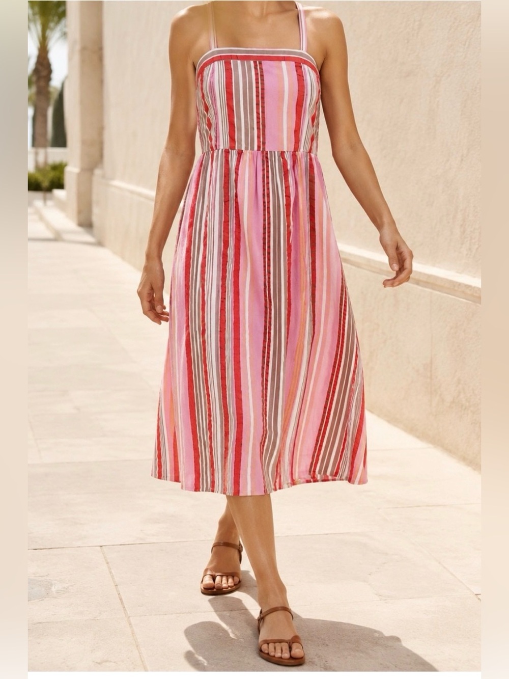 LOFT Petites Striped Halter Midi Dress Pink Red Orange Seersucker Size 4P NWT